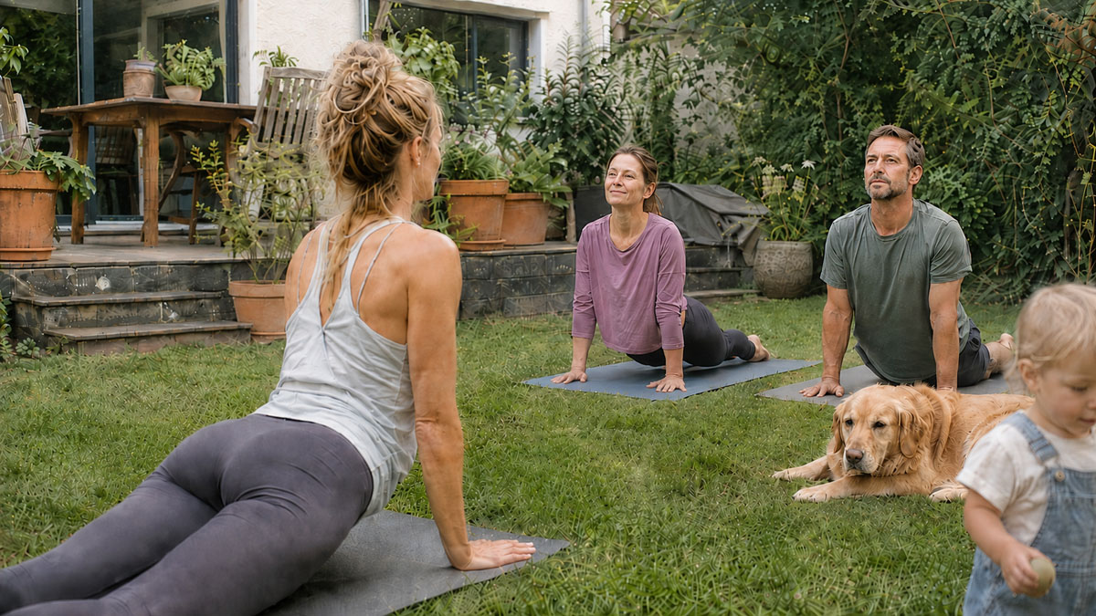 Gemischte Gruppe beim Yoga zu Hause im Garten