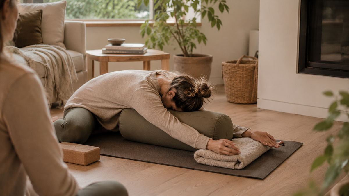 Gruppe beim Yoga zu Hause