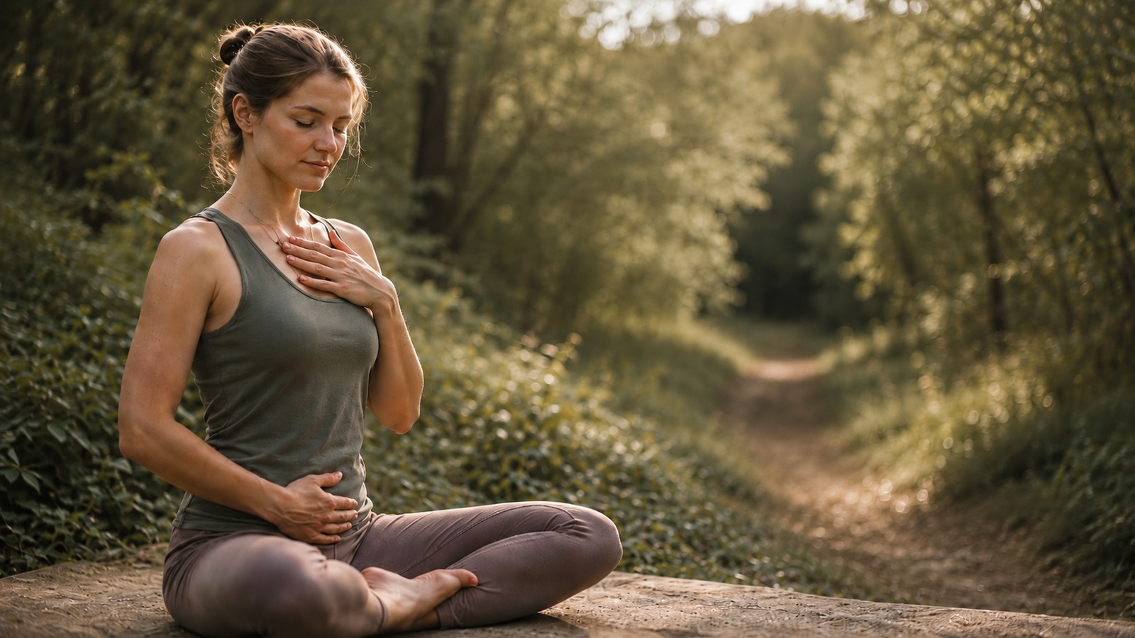 Eine Frau sitzt im Schneidersitz in der Natur, eine Hand auf dem Brustraum und eine Hand auf dem Bauch. Sie nimmt ruhig ihren Atem und ihre Körperempfindungen wahr.