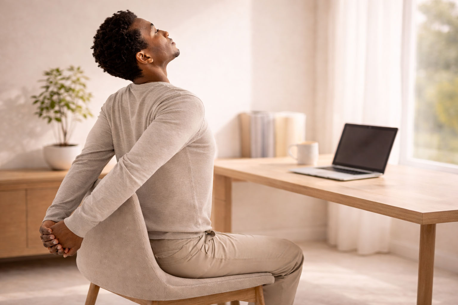 Business Health Yoga, Mann mit Rückendehnung auf Bürostuhl