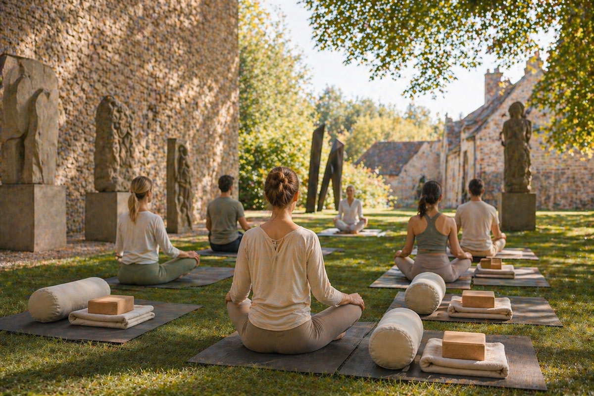 Yoga an kulturellen Orten, Yogagruppe im Grünen vor Steinhaus