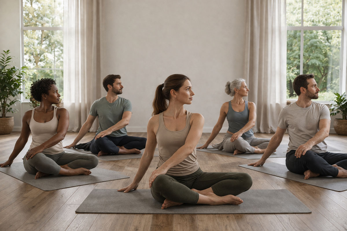 Gruppe im Schneidersitz bei Atemübungen