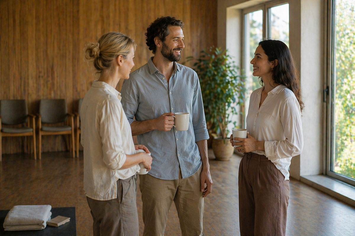 Mann mit zwei Frauen beim Yoga Retreat