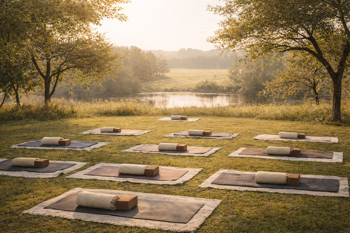 Yogamatten auf Wiese – Open Air Yoga & Frühstück