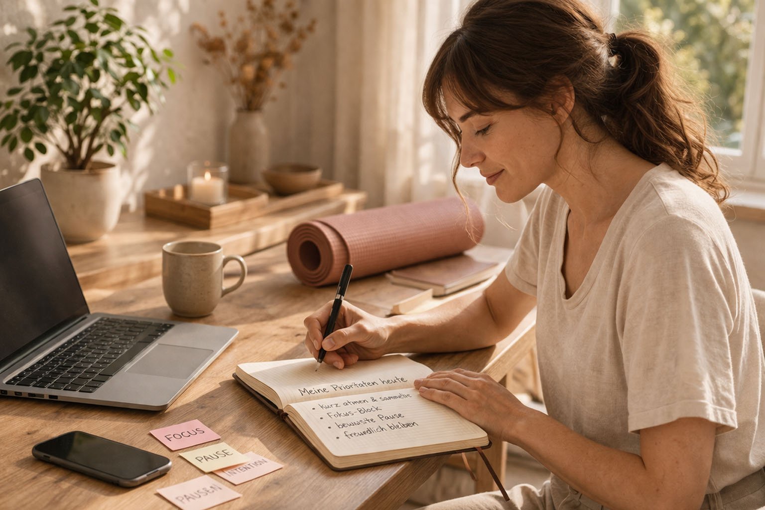 Business Health Yoga, Frau am Schreibtisch im Homeoffice