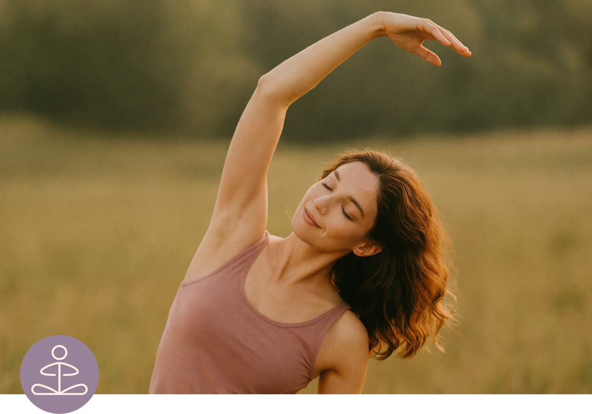 Frau beim Yoga auf einer Wiese