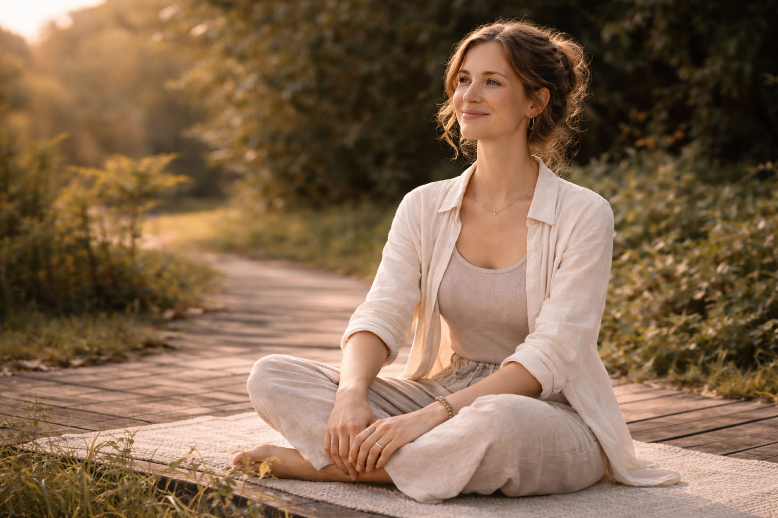 Entspannte Frau im Schneidersitz in der Natur