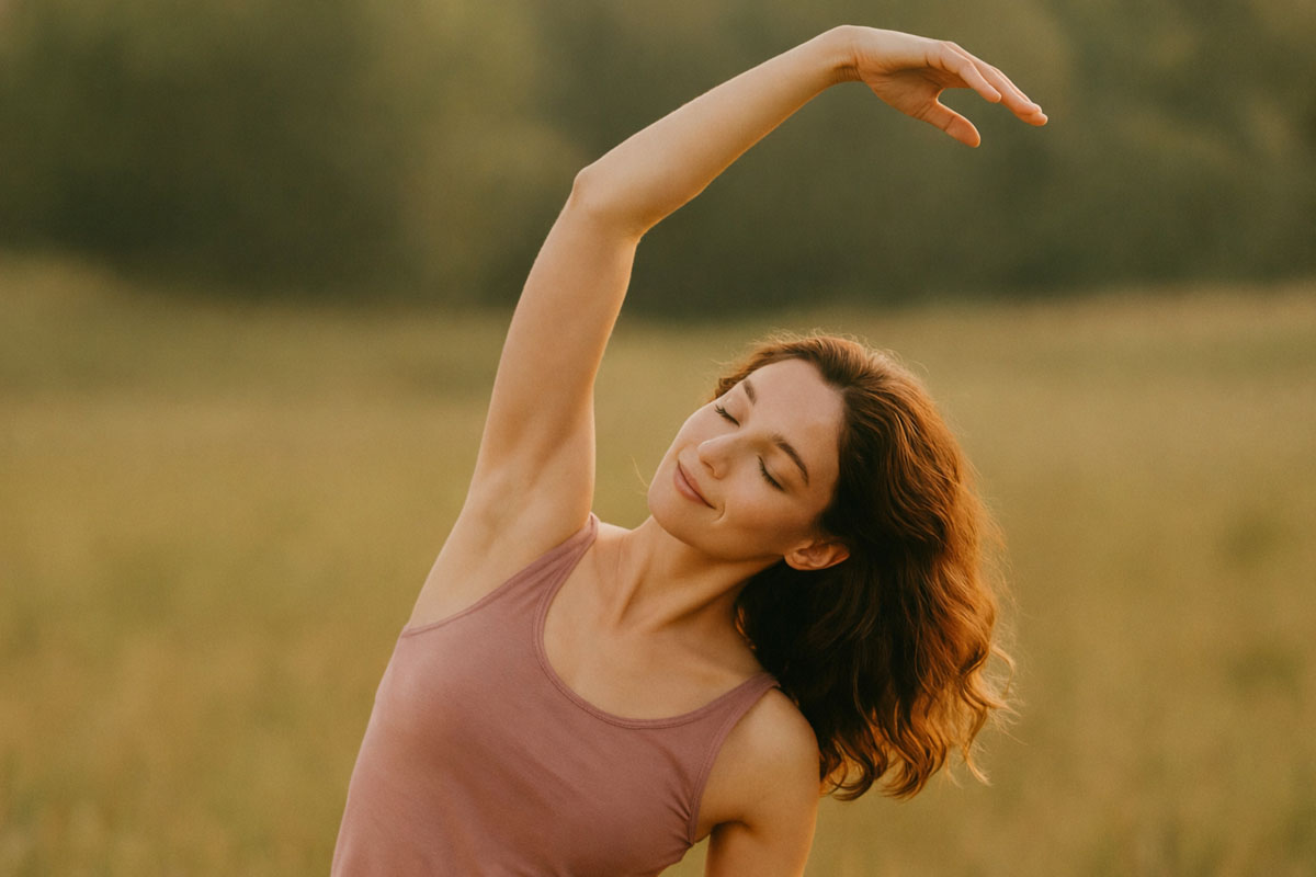 Frau beim Yoga auf einer Wiese