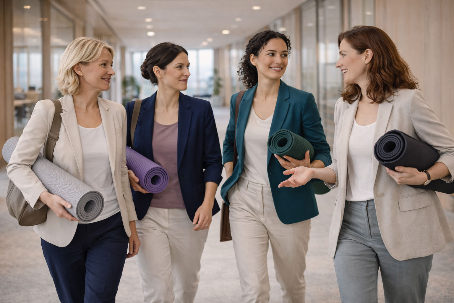 Business Yoga für Frauen, Frauengruppe im Büro mit Yogamatten unterm Arm
