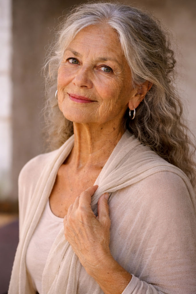 Portrait ältere entspannte Frau mit langen grauen Haaren